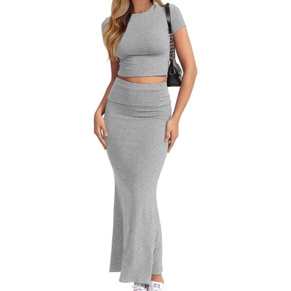 Dresses & Skirts - Women's Grey Two Piece Sets Sleeve Crewneck Cropped Bodycon Outfit Maxi Skirt